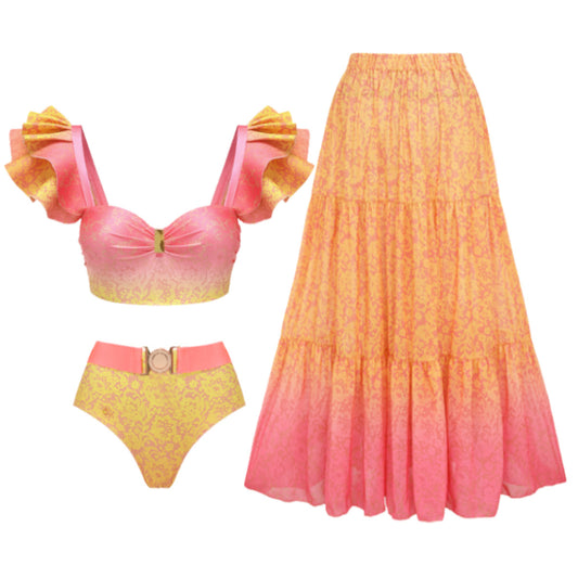 Traje de baño dividido con estampado degradado para mujer, conjunto de bikini de tres piezas con falda