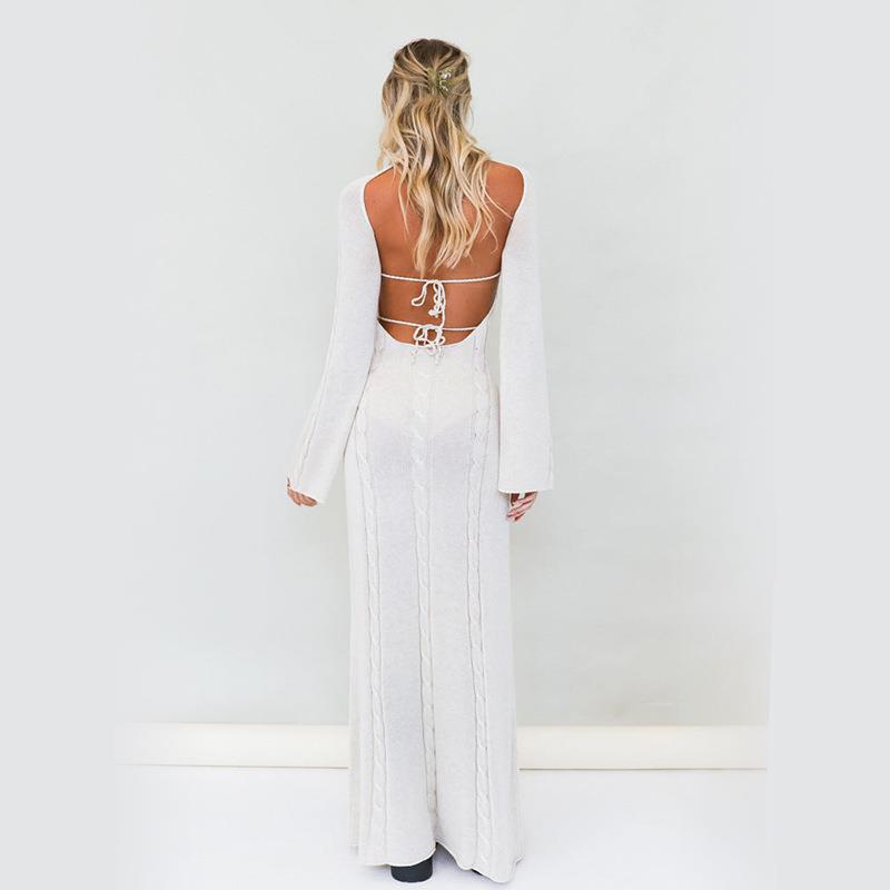 Knitted Sexy Backless Dress Women Clothing Twist Long Sleeve Slim Figure Flattering Outerwear Dress Crochet hook