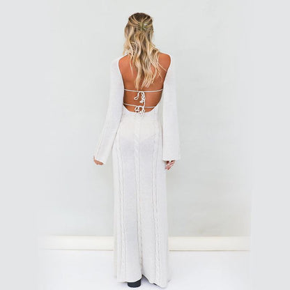 Knitted Sexy Backless Dress Women Clothing Twist Long Sleeve Slim Figure Flattering Outerwear Dress Crochet hook