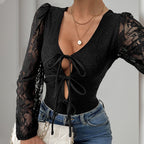 Fall Women Clothing Lace Stitching Sexy Wind Black Jumpsuit