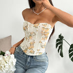 Corset sexy décolleté dos nu, bustier fleuri, baleines en losanges, gilet