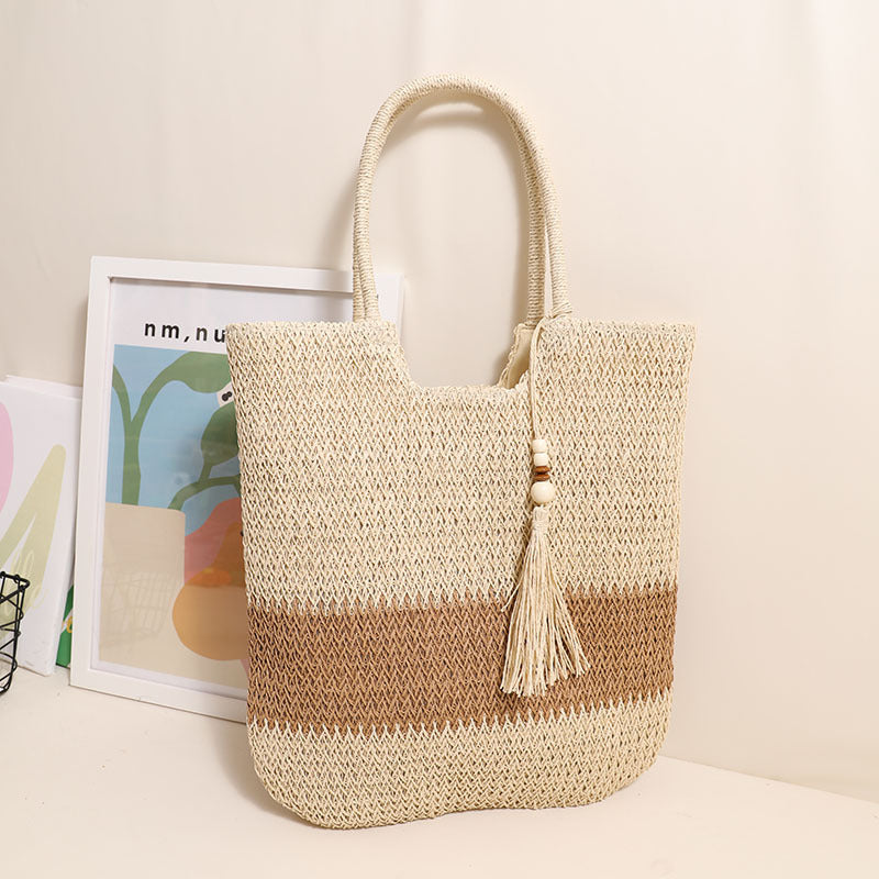 Bolso de hombro tejido con borlas de dos tonos, bolso informal de paja, bolso informal para mujer, bolso de playa 
