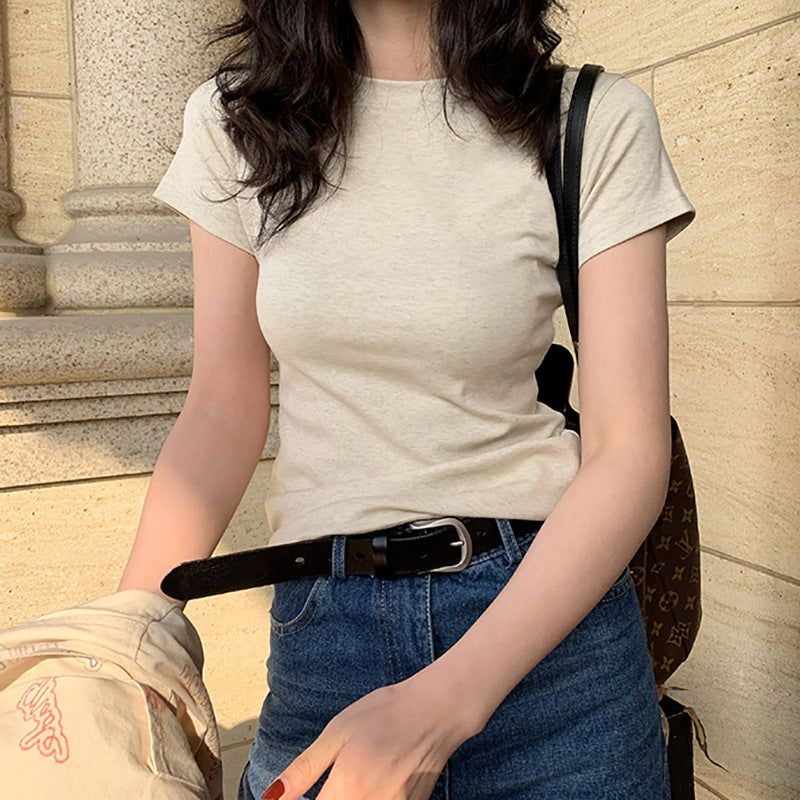 Camiseta blanca para mujer, de manga corta, con hombros descubiertos, adelgazante, cuello redondo, de algodón, estilo vendaje, parte inferior.