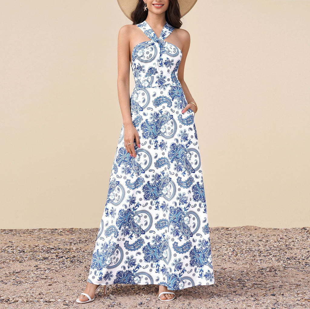 Summer Vacation Cross Tied Dress Sexy Socialite Special V neck Backless Waist Trimming Maxi Dress SUNSHINE