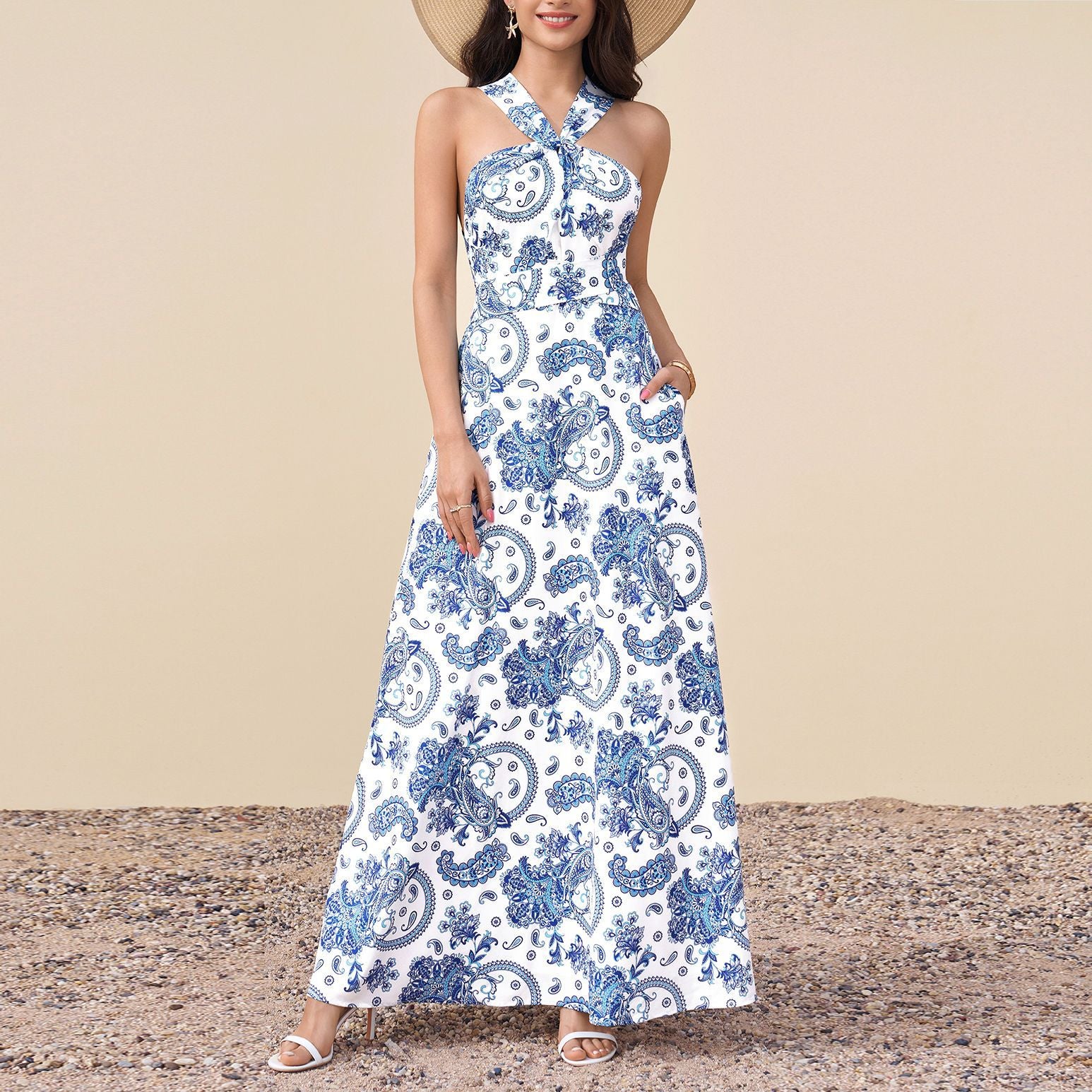 Summer Vacation Cross Tied Dress Sexy Socialite Special V neck Backless Waist Trimming Maxi Dress SUNSHINE