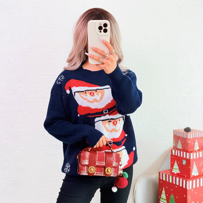 Autumn Winter Christmas Contrast Color Casual Knitted Pullover round Neck Santa Claus Sweater for Women