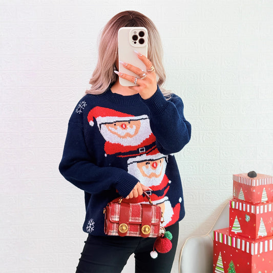Suéter de punto informal con cuello redondo de Papá Noel para mujer, con contraste de colores, para otoño e invierno