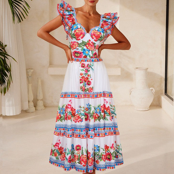 Traje de baño de una pieza con estampado adelgazante y volantes para mujer