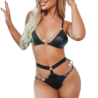 Sexy Patent Leather Strap Three Point Split Sexy Suit