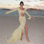 Colección de verano para mujer, vestido ajustado de encaje plisado con escote en V transparente sexy en L con aberturas