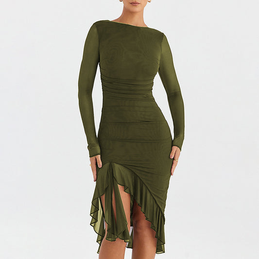 Autumn Sexy Trend Round Neck Slim Fit Long Sleeved Mesh Stitched Backless Sheath Dress