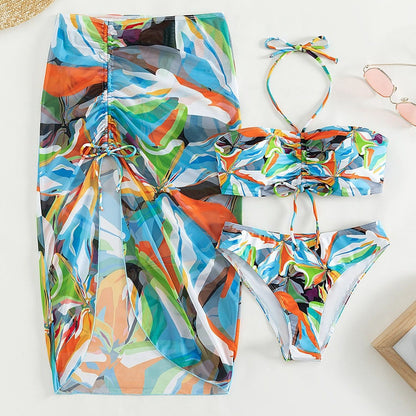 Conjunto de bikini de tres piezas dividido, bikini sexy estampado con cordones y cordón