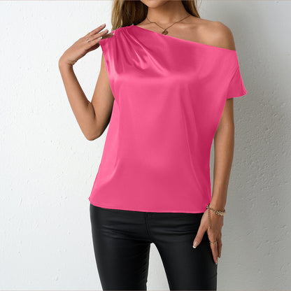 Women Clothing Spring Summer Satin Shirt Artificial Silk Irregular Asymmetric Shoulder off Shoulder Sleeveless Top