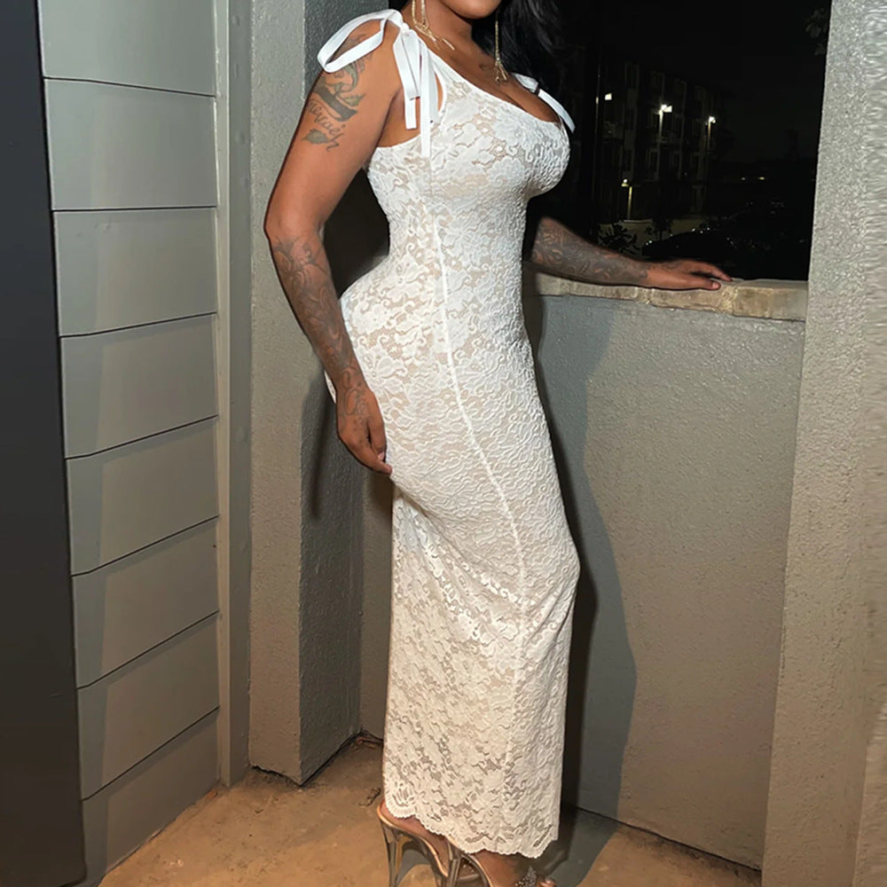 Robe sexy dos nu en dentelle à double épaisseur pour femme, vêtement printemps-été, nœud en dentelle