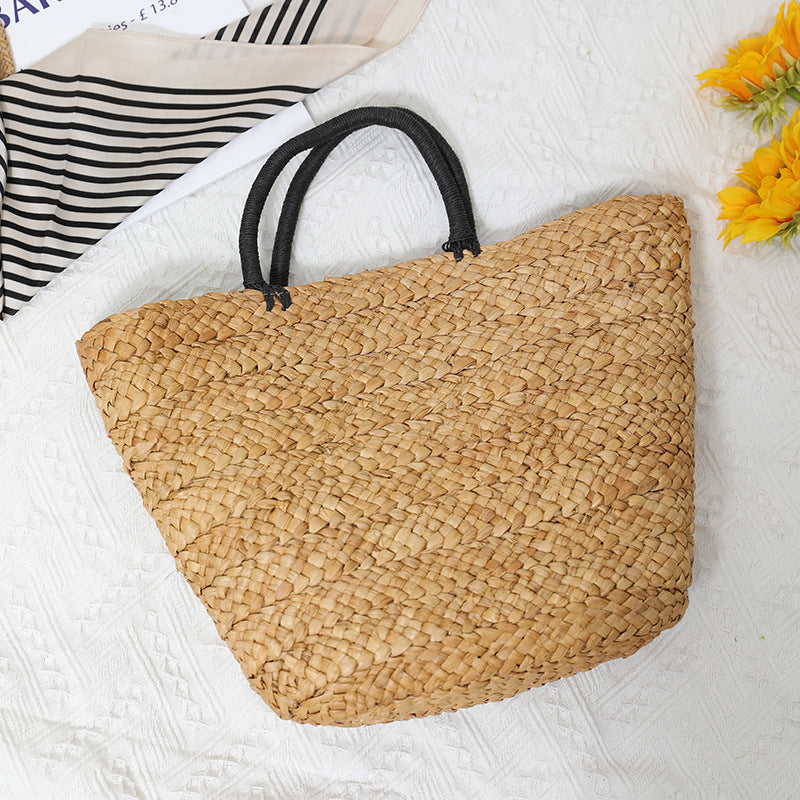 Bolso de paja de gran capacidad, combinable, sencillo, portátil, de hierba natural, tejido a mano, para mujer, para vacaciones en la playa 