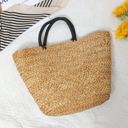 Bolso de paja de gran capacidad, combinable, sencillo, portátil, de hierba natural, tejido a mano, para mujer, para vacaciones en la playa 