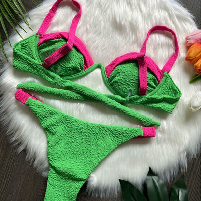 Traje de baño de bikini con costuras de tela especiales para playa, traje de baño sexy para mujer