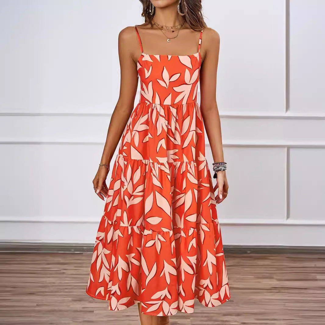 Vacation Spaghetti Strap Backless A line Long Casual Swing Printing Dress Women XINXI