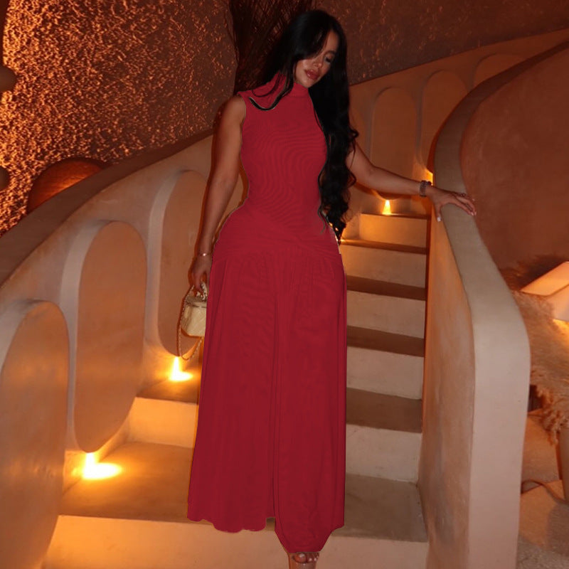 Elegant Socialite Women Clothes Cocktail Waist A line Dress High Collar Slim Fit Solid Color Maxi Dress Kinci