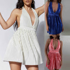 Robe d'été sans manches à col licou et couleur unie pour femme, tenue courte et sexy, dos nu, plissée et col en V