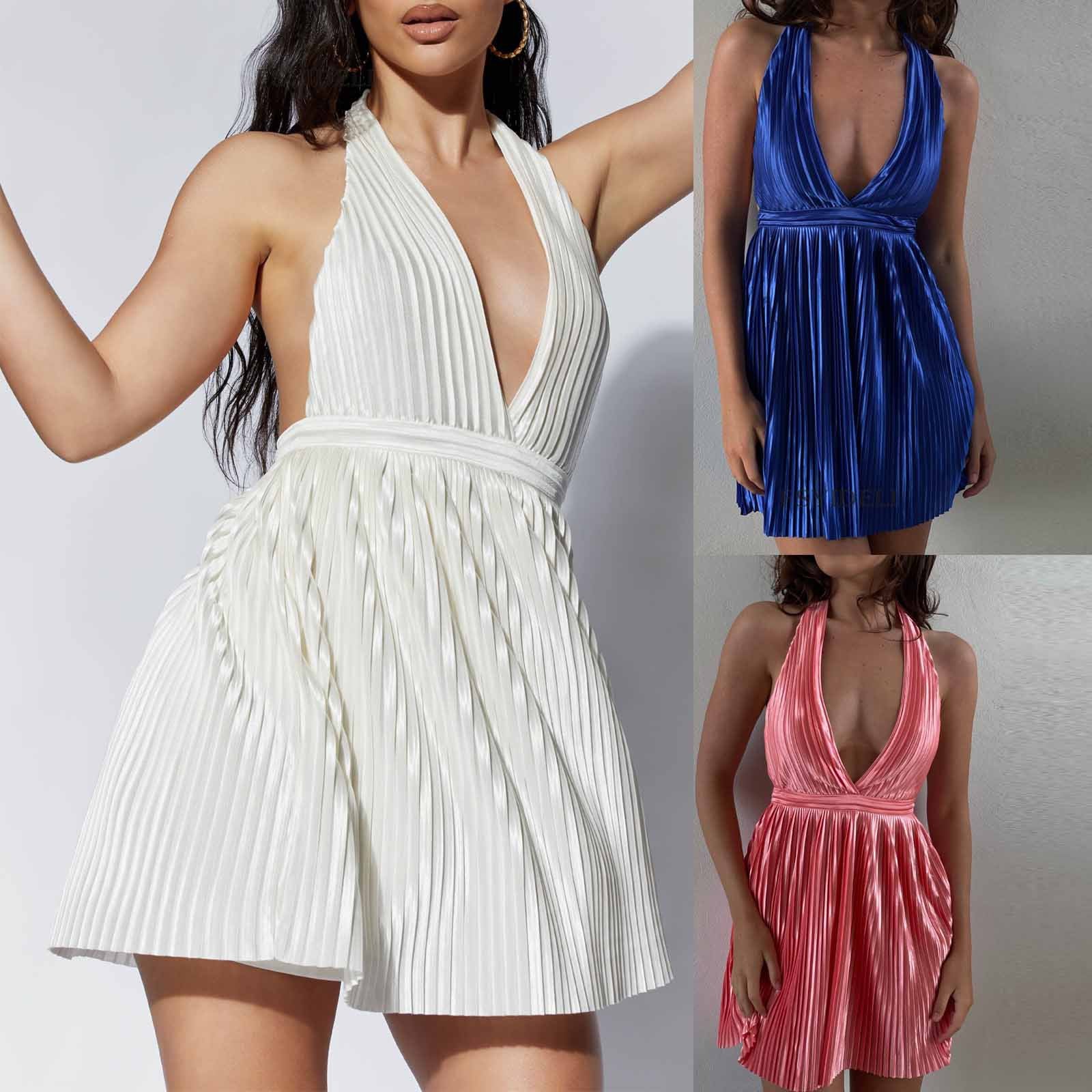 Robe d'été sans manches à col licou et couleur unie pour femme, tenue courte et sexy, dos nu, plissée et col en V