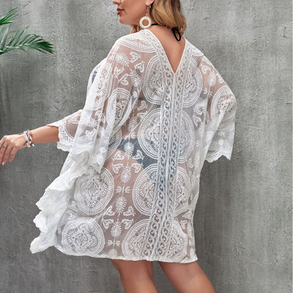 Casual See through Water Soluble Vacation Sun Protective Clothing Beach Dress
