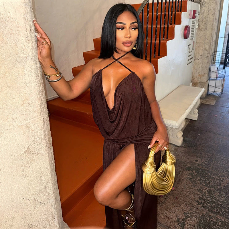 Women Clothing Solid Color Split Asymmetric Wrapped Chest Deep V Plunge neck Sexy Halter Dress Kinci
