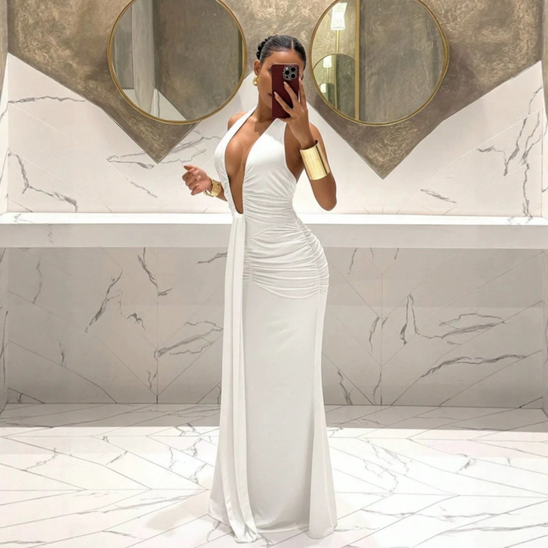 Women Halter Deep V Plunge Pleated Slim Fit Mopping Dress Slimming Sheath Fishtail Dress YUni