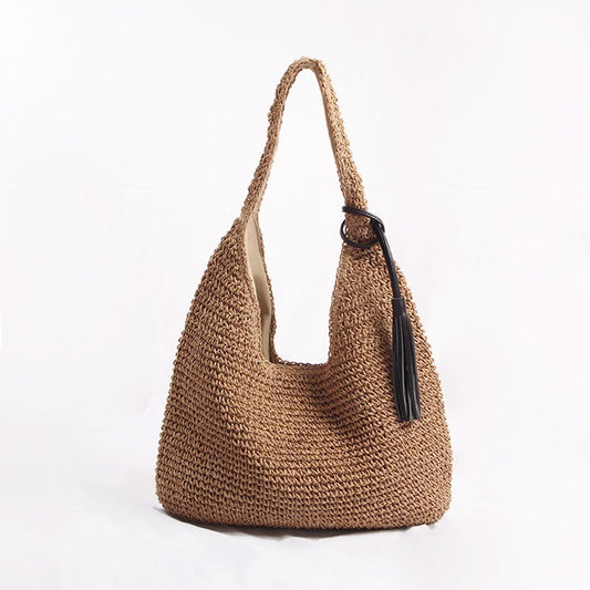 Bolso de paja de un solo hombro, de gran capacidad, tejido, informal, para playa, vacaciones, portátil, de oficina, para mujer 
