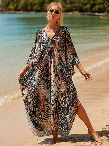Elastic Printing Beach Cover-up Sexy Loose Chest Woven Vacation Beach Cover Up