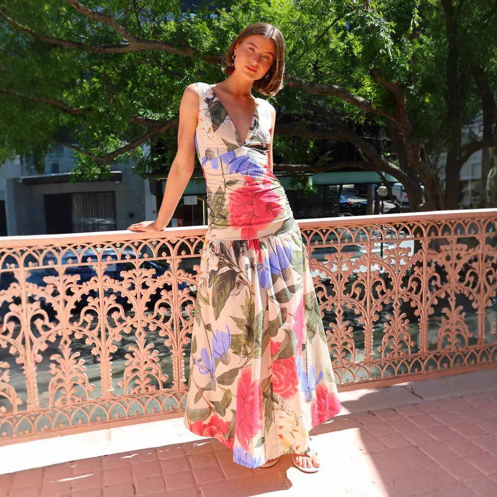 Summer Printed Strap Dress Sexy V neck Dress XUYUN