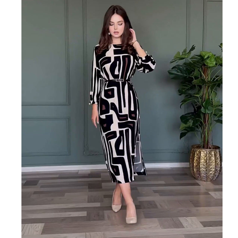 Spring Summer High Sense Geometric Abstract Pattern Printing Elegant Graceful Women Dress Fifiant