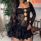Robe sexy transparente à découpes ajourées et floquées pour femmes