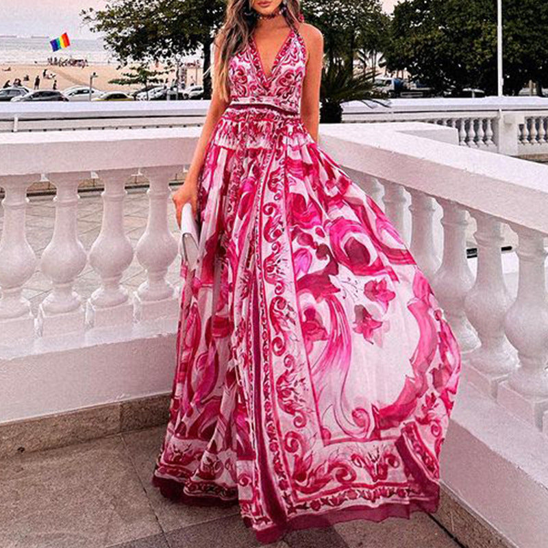 Summer Women Sexy Print Halter Mid Length Dress