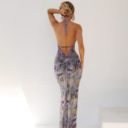 Vestido de otoño con estampado sexy, sin espalda, ajustado, con abertura y cordones para mujer