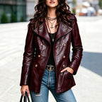Double Breasted Faux Leather Coat Fashionable Elegant Collared Long Sleeve Faux Leather Pocket Jacket Venly