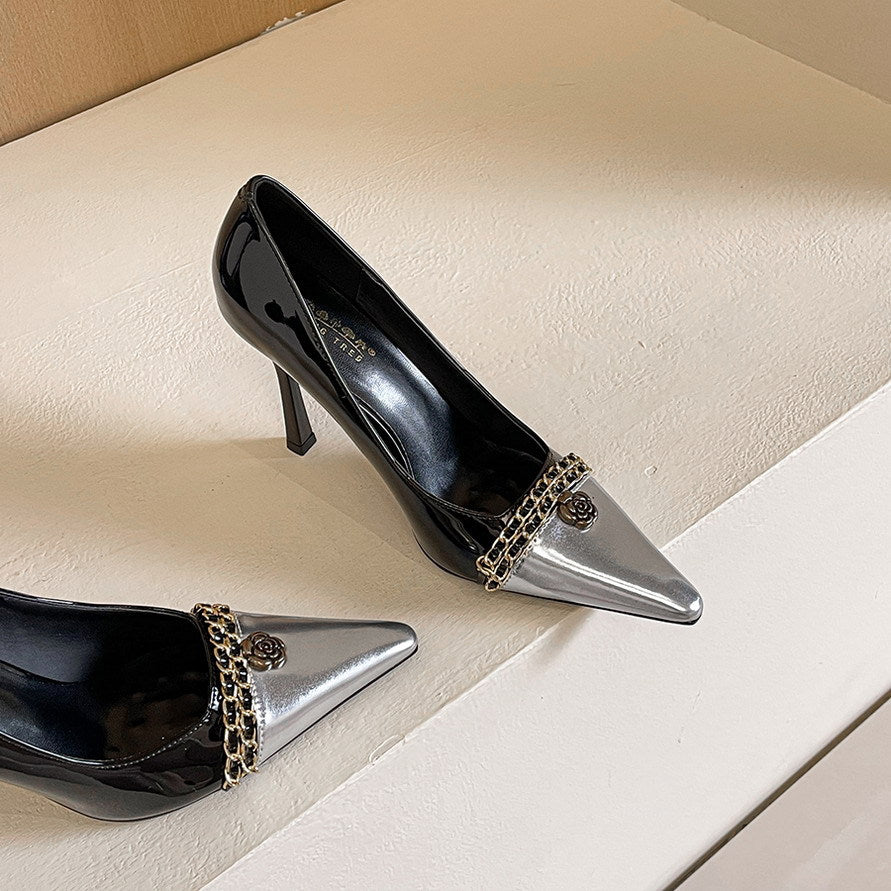 Design Color Matching Metal Chain Super High Heels Stiletto Pointed Toe Camellia Chanel Shoes ForestFootwear