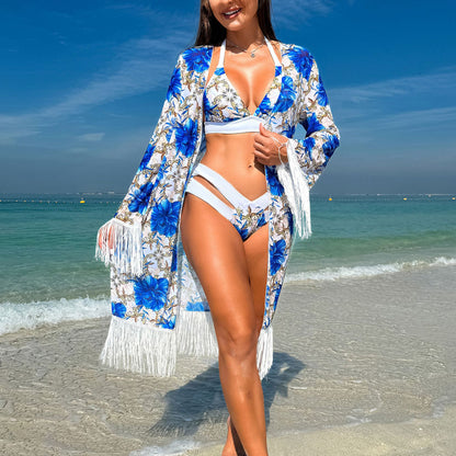 Swimsuit Women Bikini Three Piece Sets Veils Skirt Miami Tassel Swimsuit