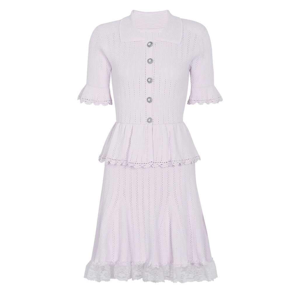 Summer Celebrity Internet Slim Fitting Slimming Fashionable Short Sleeve Collared Lace Dress Dimenssa