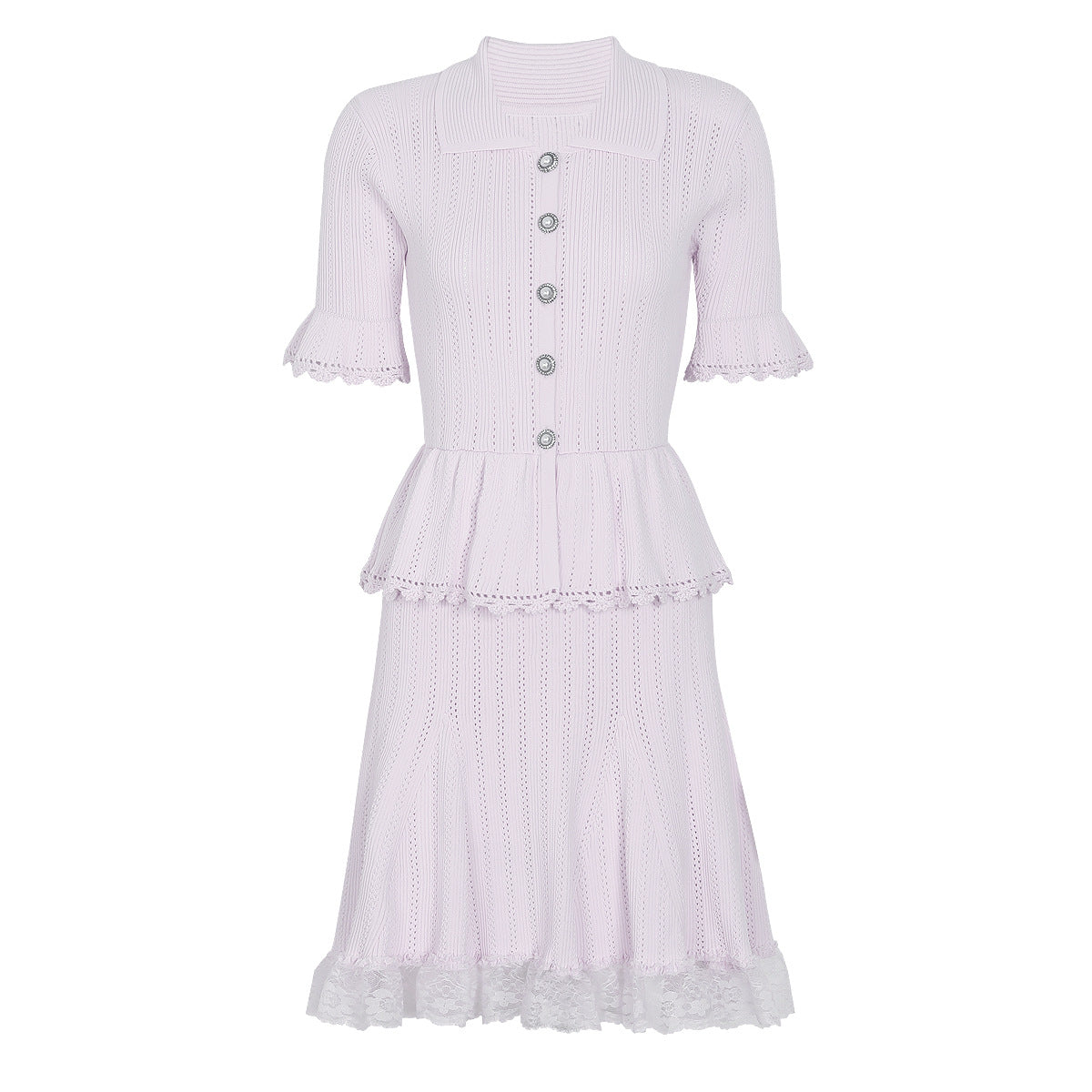 Summer Celebrity Internet Slim Fitting Slimming Fashionable Short Sleeve Collared Lace Dress Dimenssa