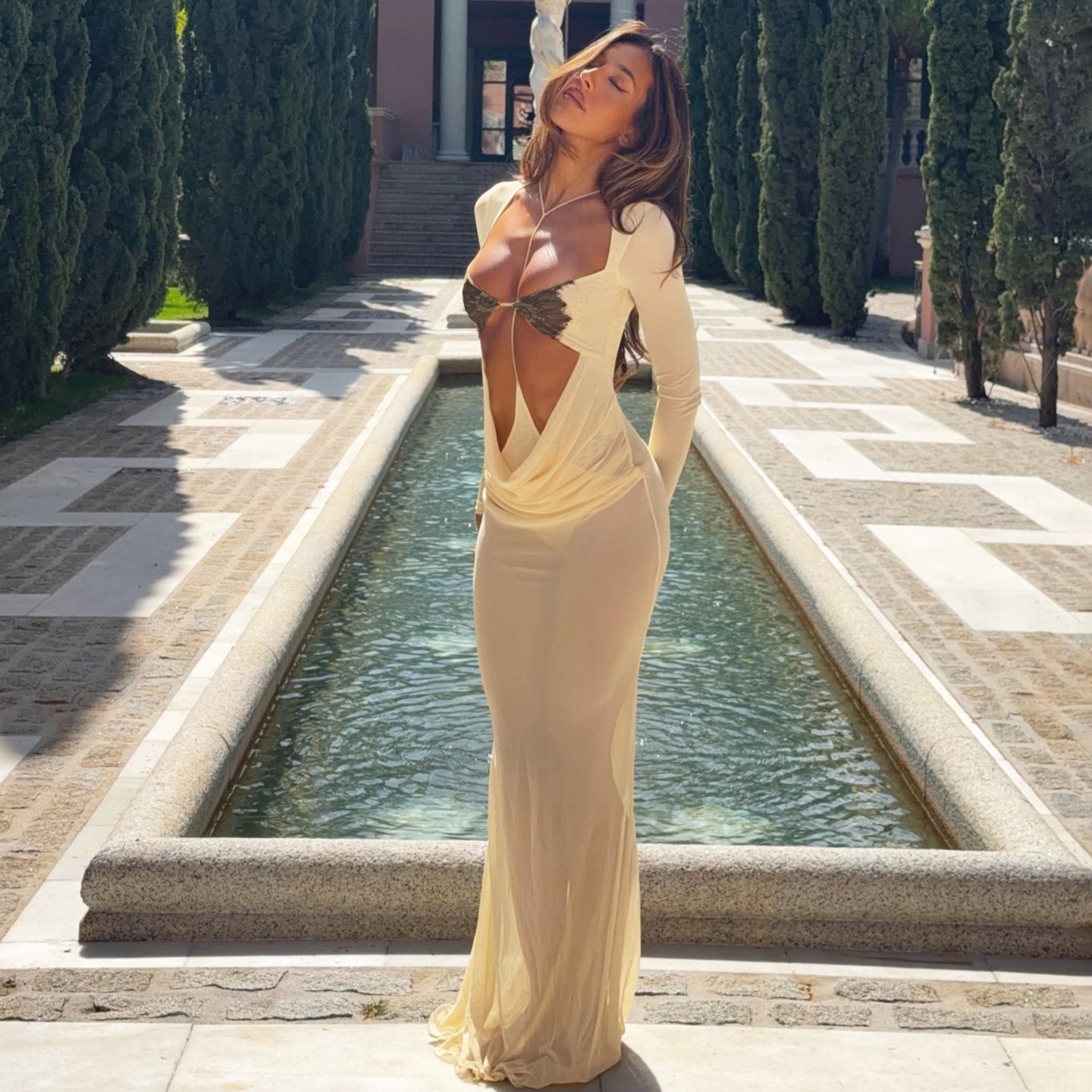 Vestido de vaina ajustado de manga larga con recortes transparentes y sexy para mujer de verano