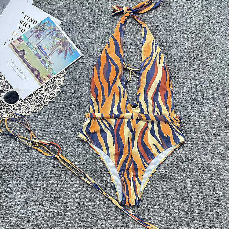 Swimwear Women Bandage Leg Travel Swimsuit Sexy Tiger Stripe Pattern Bikini FallowDeer