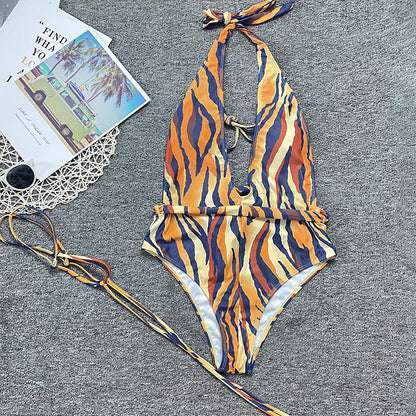 Swimwear Women Bandage Leg Travel Swimsuit Sexy Tiger Stripe Pattern Bikini