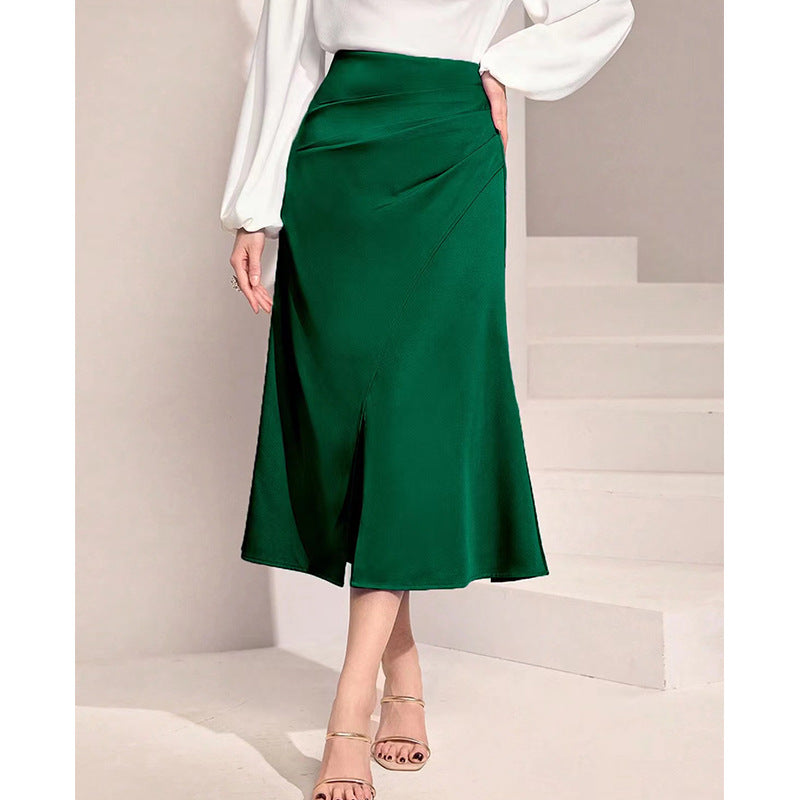 Robe fendue plissée en satin taille haute pour femme, jupe unie à fermeture éclair et jupe sirène.