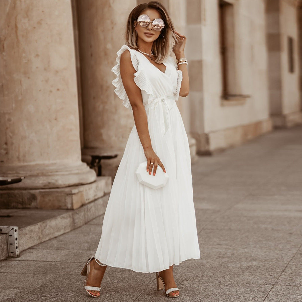 Elegant Beach Dress Fashionable Slim Fit Sexy Ruffle Sleeve Chiffon Pleated Solid Color Dress RUIGGE