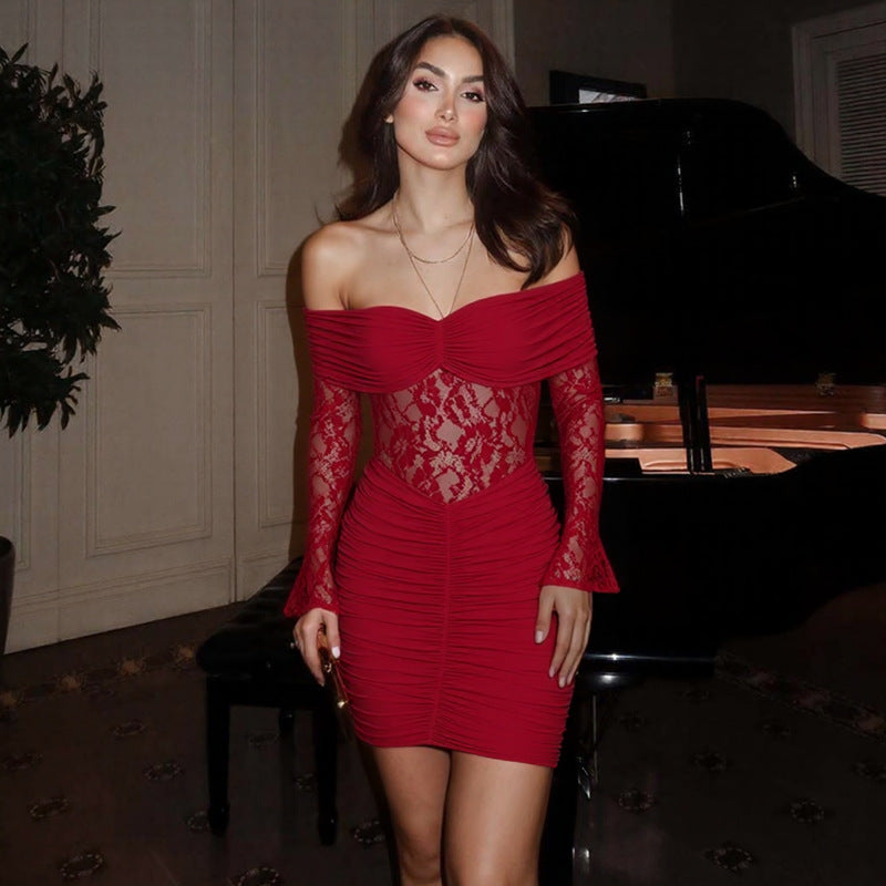 Robe courte sexy à manches tube, coutures en dentelle et volants transparents