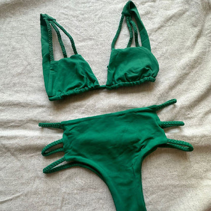 Bikini de cintura alta con abertura y cordones de color liso para mujer, traje de baño sexy