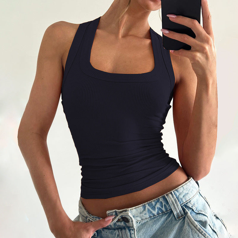 Débardeur court sexy à col en U, couleur unie, coupe ajustée, pour femme, été