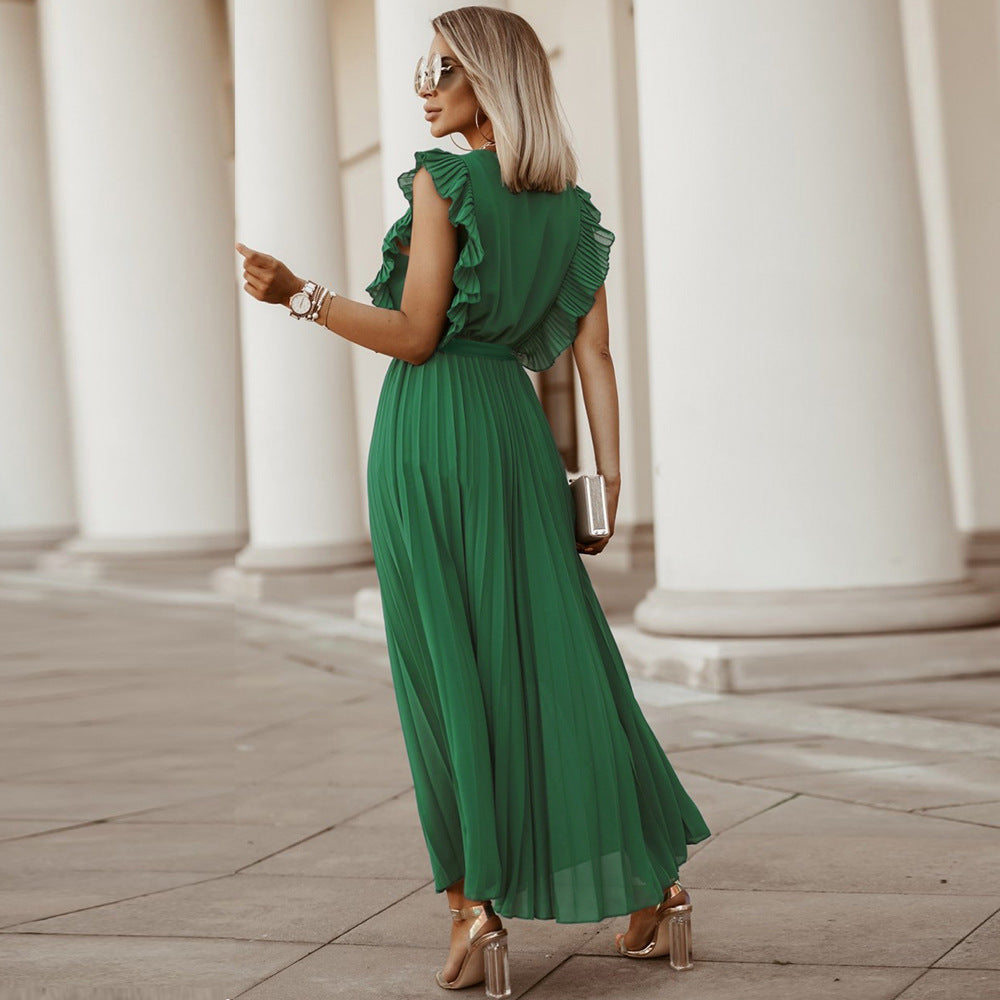 Elegant Beach Dress Fashionable Slim Fit Sexy Ruffle Sleeve Chiffon Pleated Solid Color Dress RUIGGE
