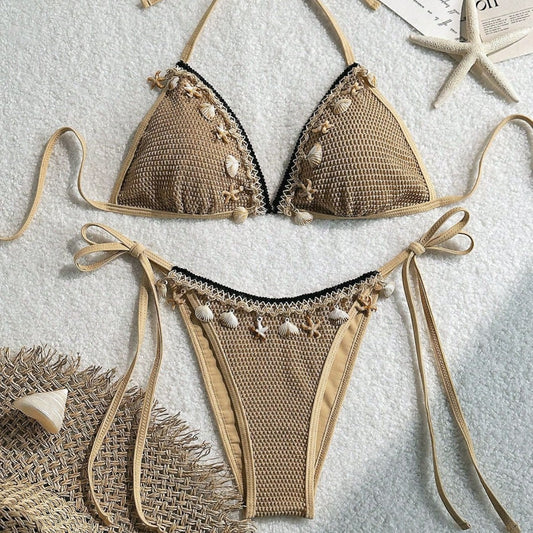 Swimsuit Women Lace up Halterneck Triangle Cup Beach Sexy Split Swimsuit Bikini
